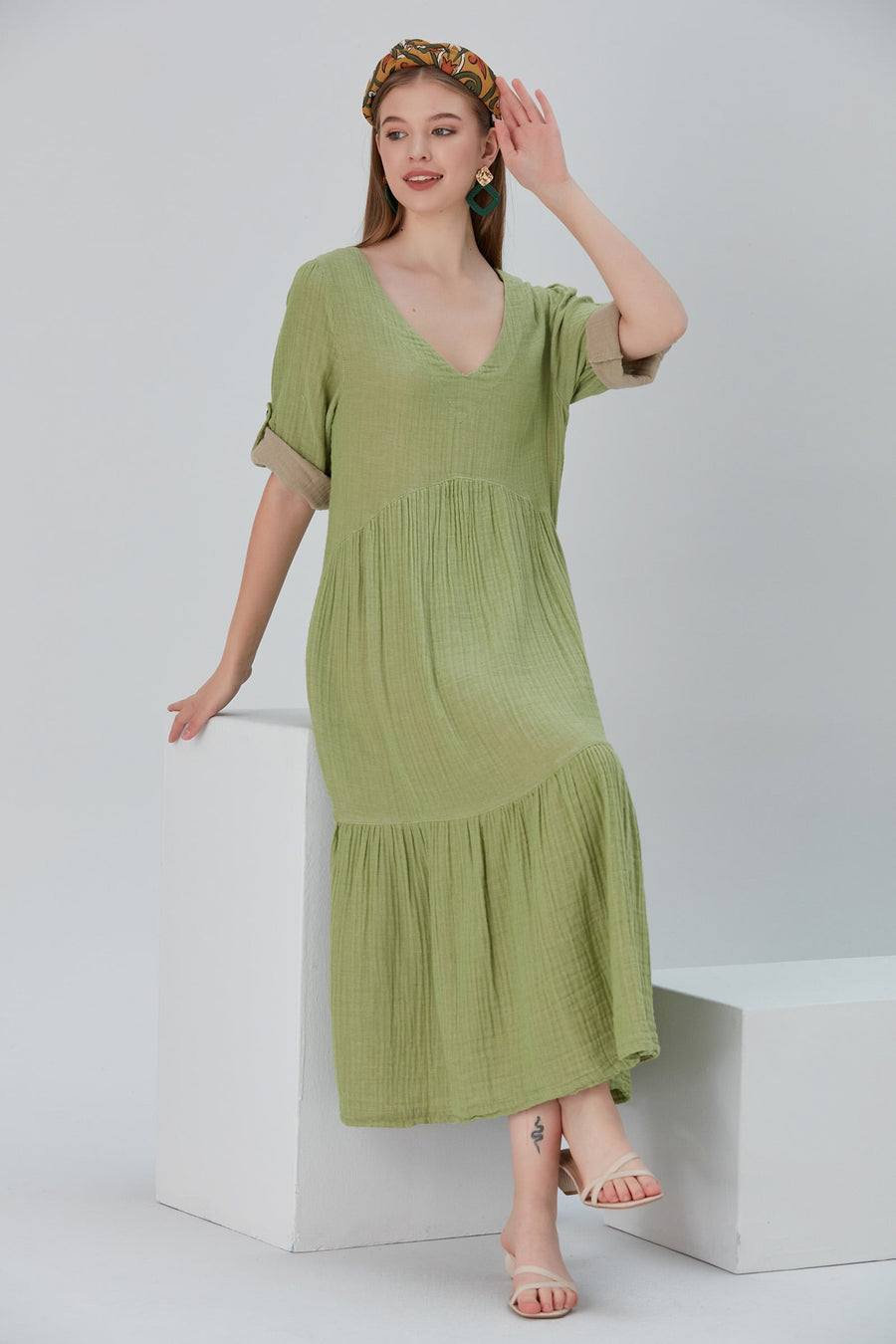 Lena Duo-Color Gauze Midi Dress - Olive