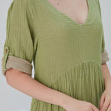 Lena Duo-Color Gauze Midi Dress - Olive