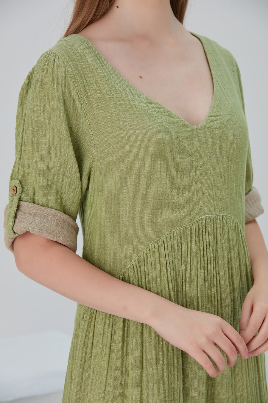 Lena Duo-Color Gauze Midi Dress - Olive