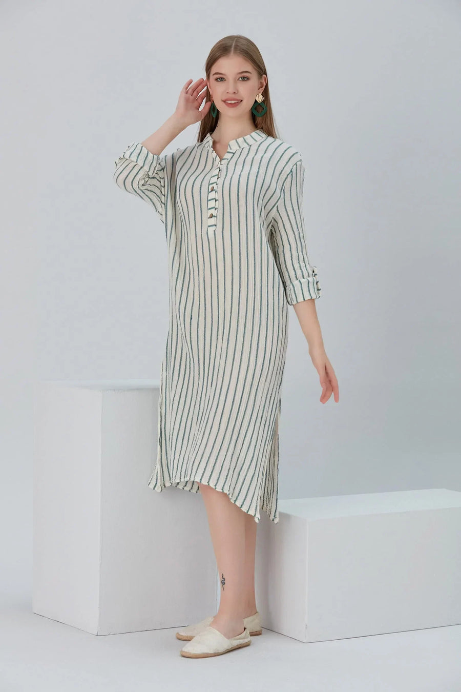 Essentials Buttoned Comfort Fit Maxi Dress - Green Stripes
