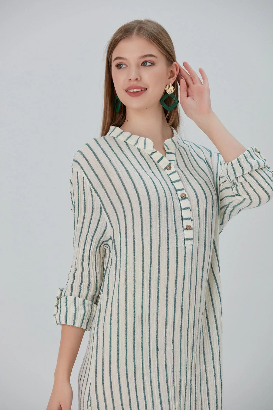 Essentials Buttoned Comfort Fit Maxi Dress - Green Stripes