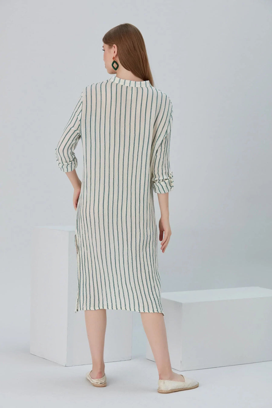 Essentials Buttoned Comfort Fit Maxi Dress - Green Stripes