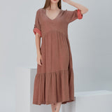 Lena Duo-Color Gauze Midi Dress - Brown