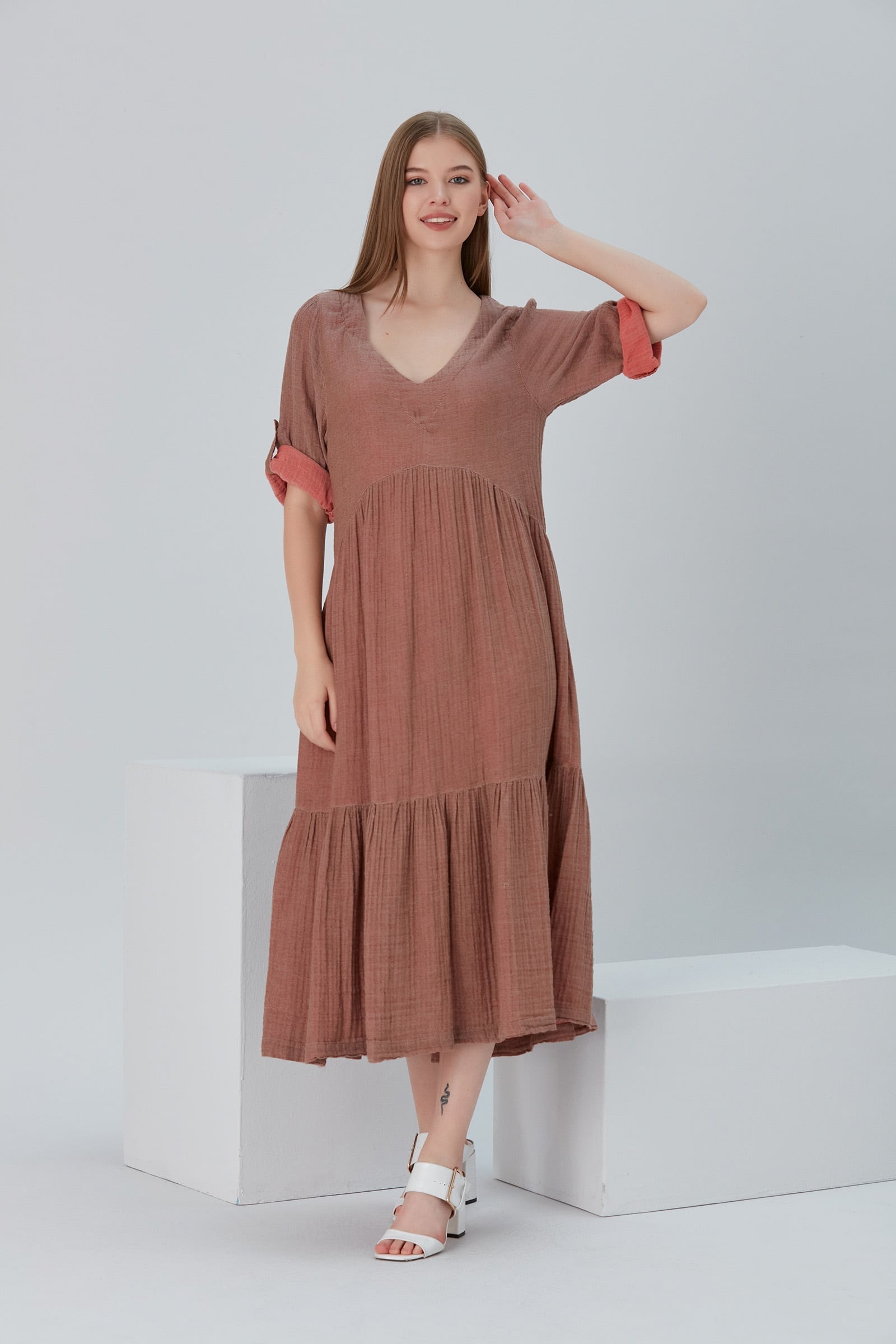 Lena Duo-Color Gauze Midi Dress