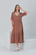 Lena Duo-Color Gauze Midi Dress - Brown