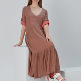 Lena Duo-Color Gauze Midi Dress - Brown