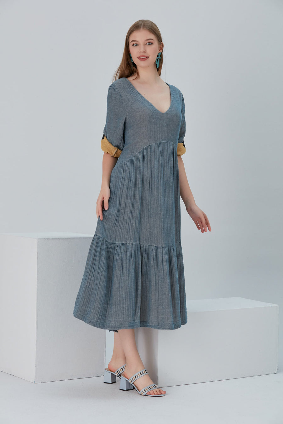 Lena Duo-Color Gauze Midi Dress - Navy