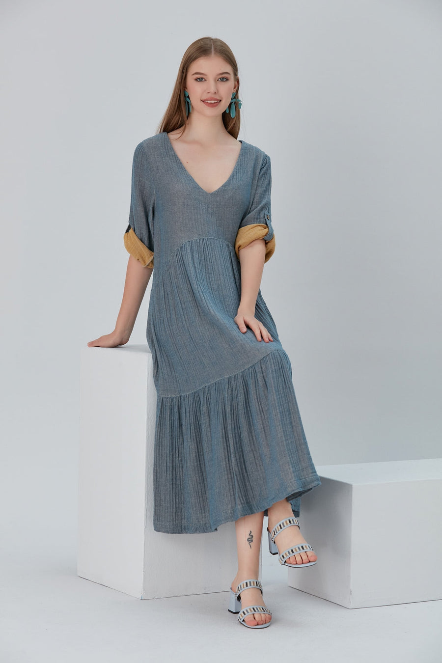 Lena Duo-Color Gauze Midi Dress - Navy