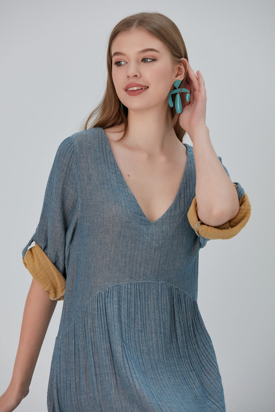 Lena Duo-Color Gauze Midi Dress - Navy