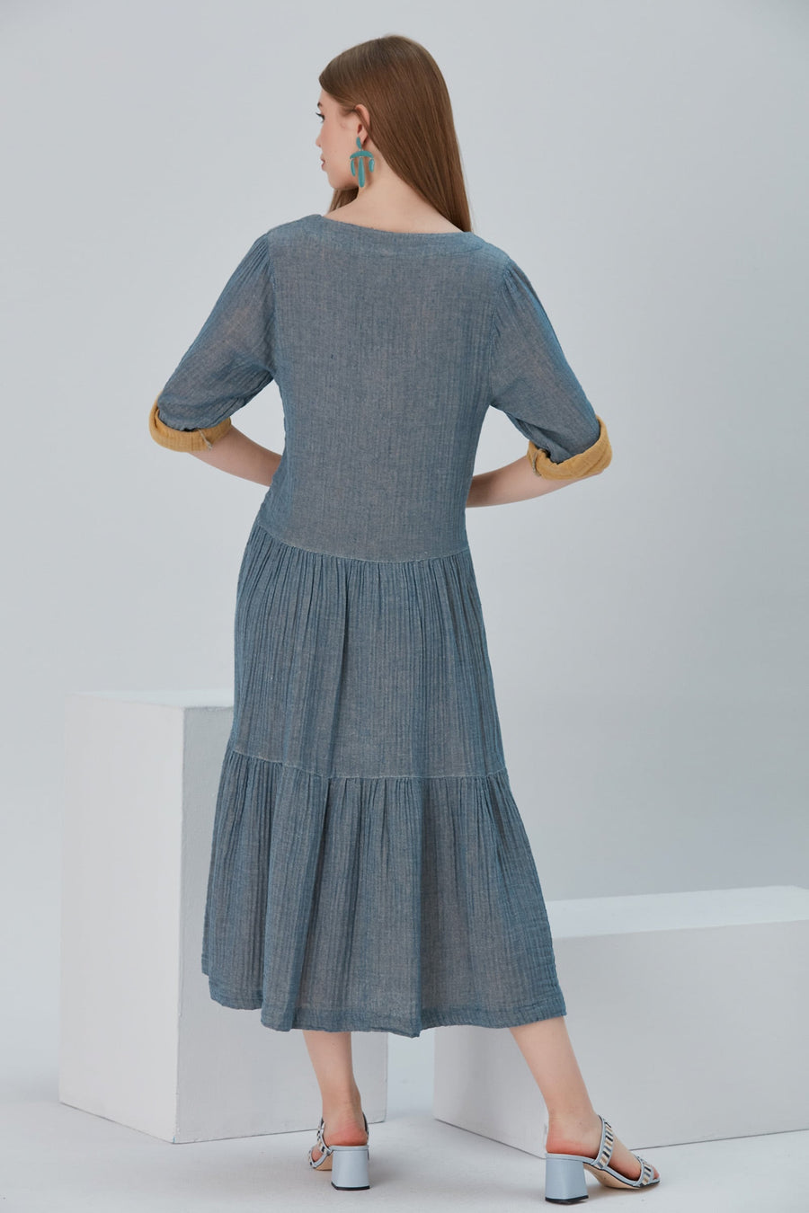 Lena Duo-Color Gauze Midi Dress - Navy
