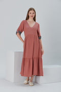 Lena Duo-Color Gauze Midi Dress - Red