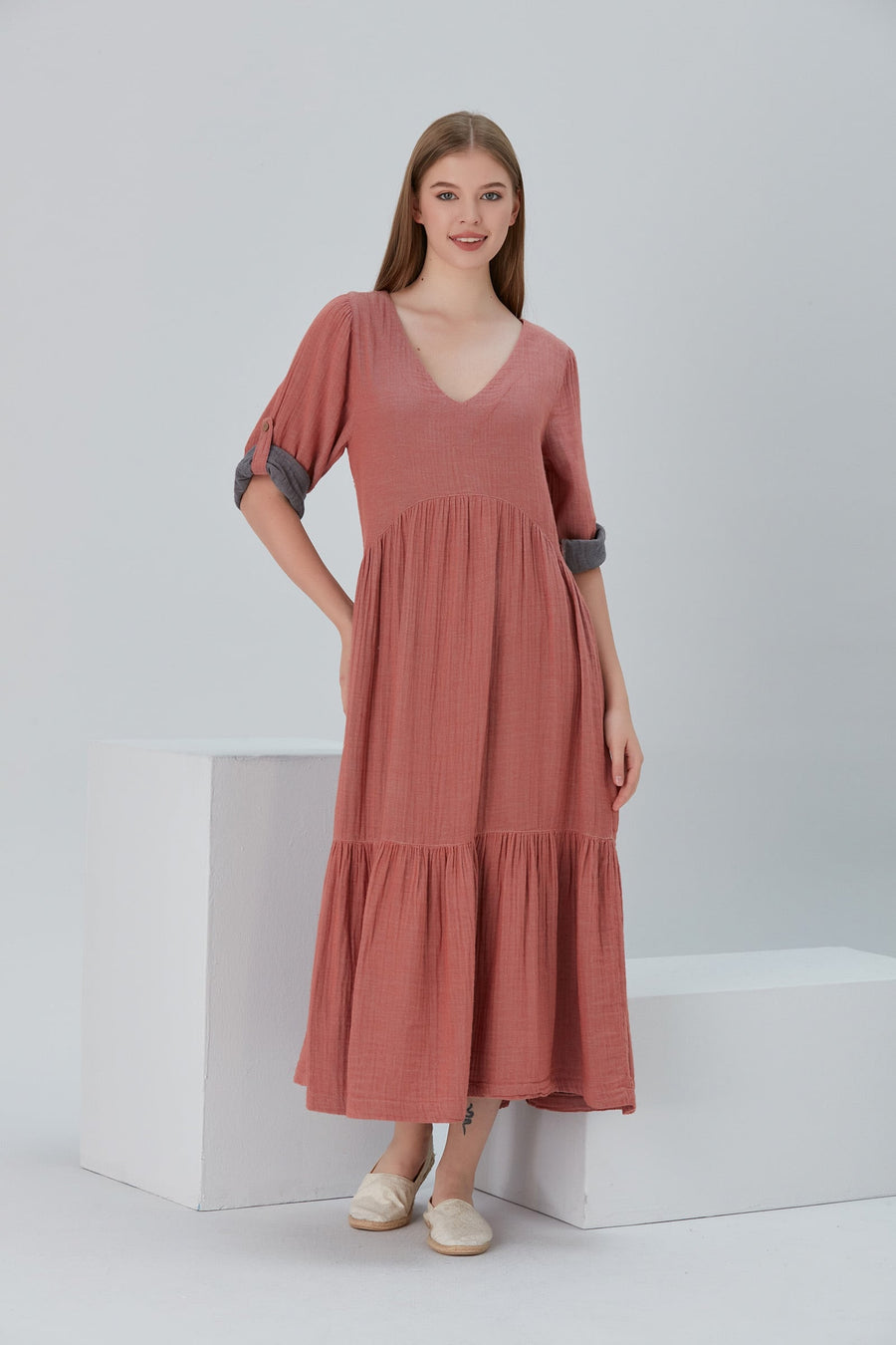Lena Duo-Color Gauze Midi Dress - Red