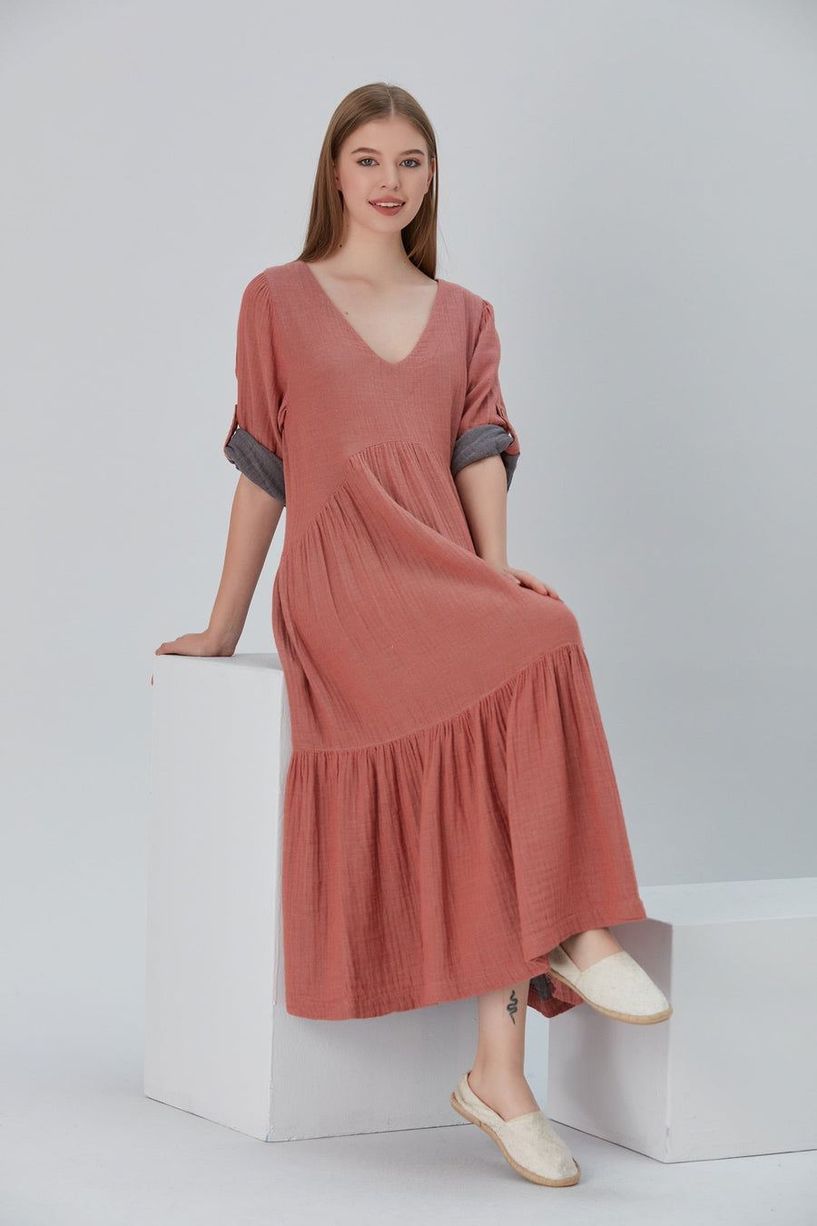 Lena Duo-Color Gauze Midi Dress - Red