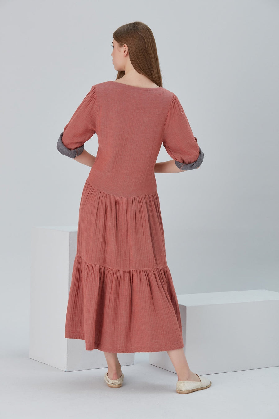 Lena Duo-Color Gauze Midi Dress - Red