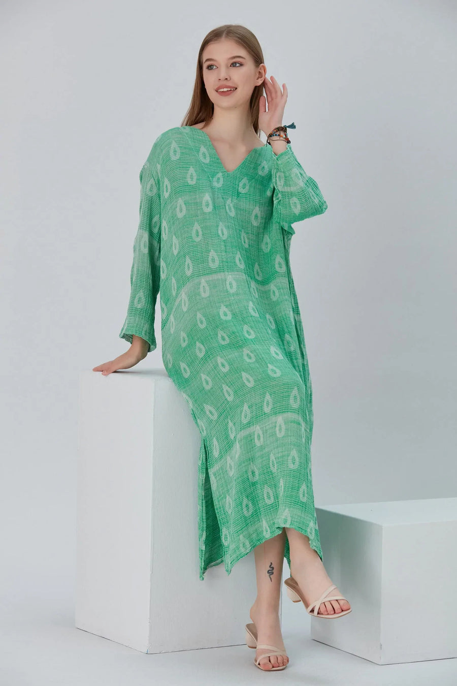 Essentials V-Neck Comfort Fit Cotton Maxi Dress - Green