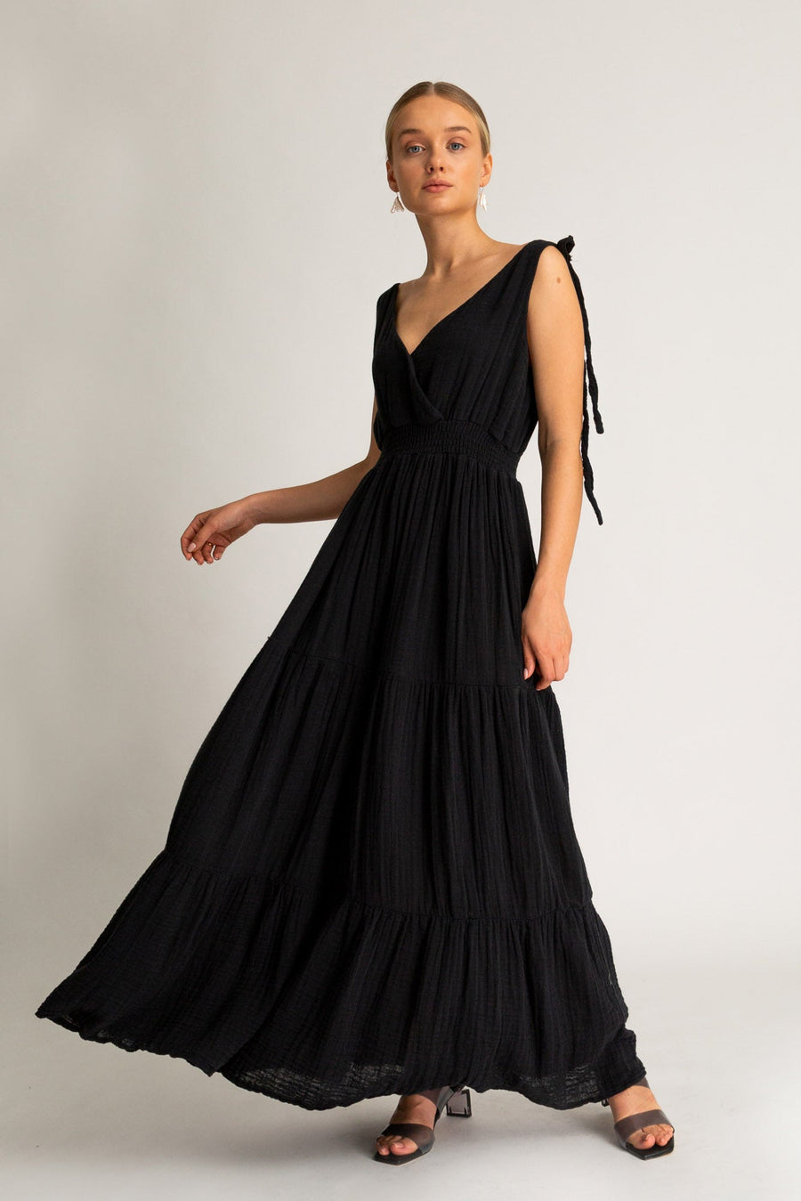 Rea Gauze Tie Strap Maxi Dress - Black