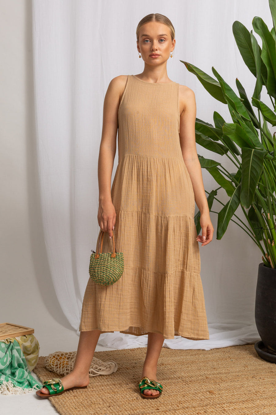 Lily Tiered Gauze Midi Dress - Beige