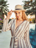 Helia Linen Cotton Gauze Hooded Robe - Beige Navy