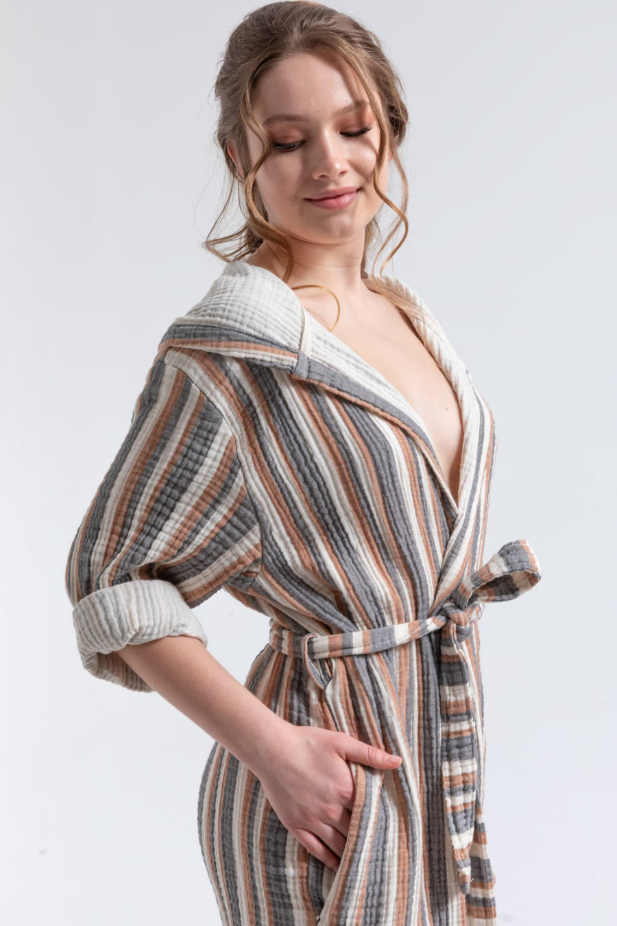 Senna Striped Gauze Hooded Robe