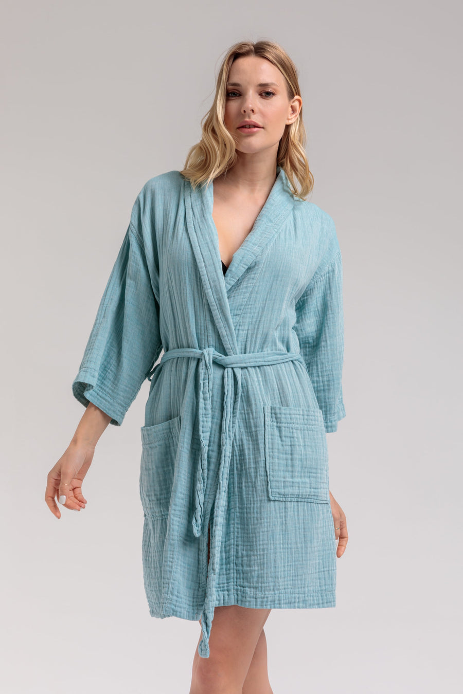 Olympia Gauze Mini Cotton Robe - Blue