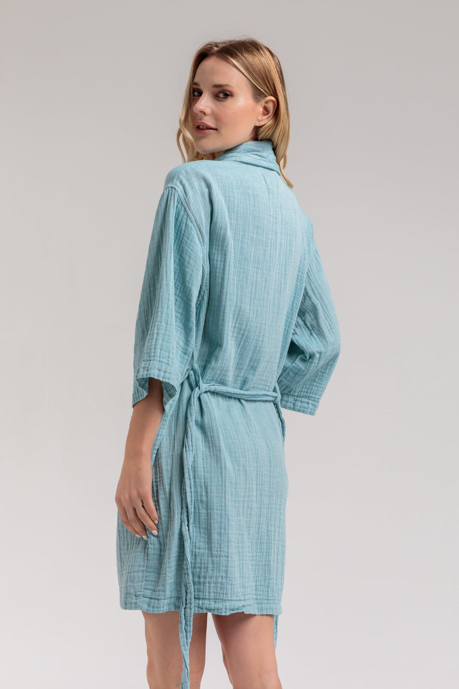 Olympia Gauze Mini Cotton Robe - Blue