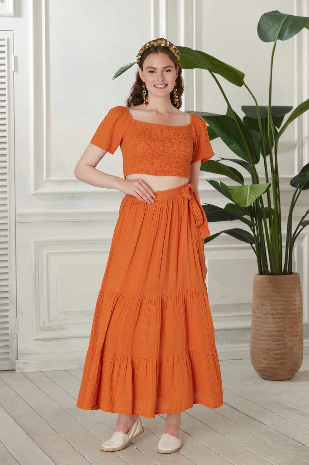 Begonville Sets Ava Crop Top & Skirt Cotton Set - Orange