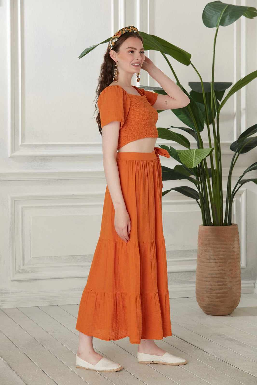 Begonville Sets Ava Crop Top & Skirt Cotton Set - Orange