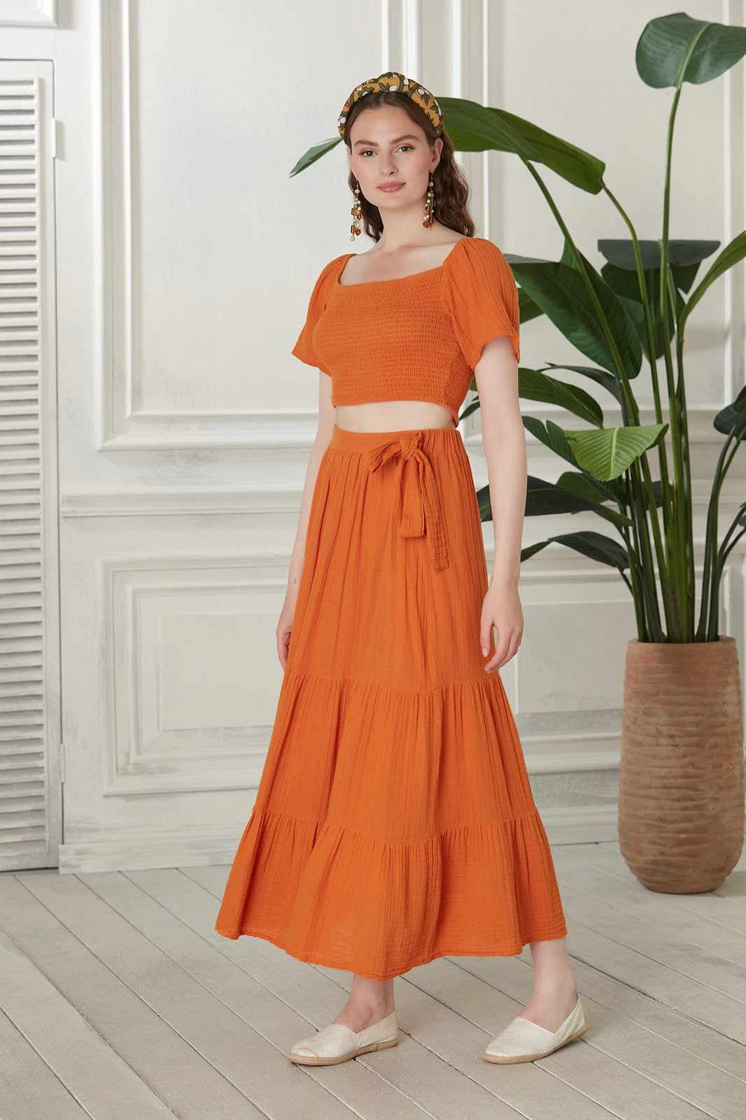 Begonville Sets Ava Crop Top & Skirt Cotton Set - Orange