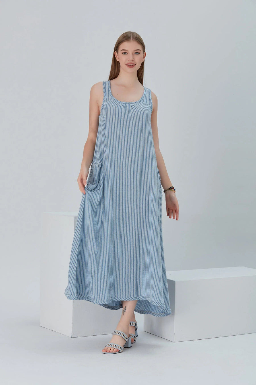 Begonville Maxi Dress Anita Comfort Fit Cotton Maxi Dress - Blue