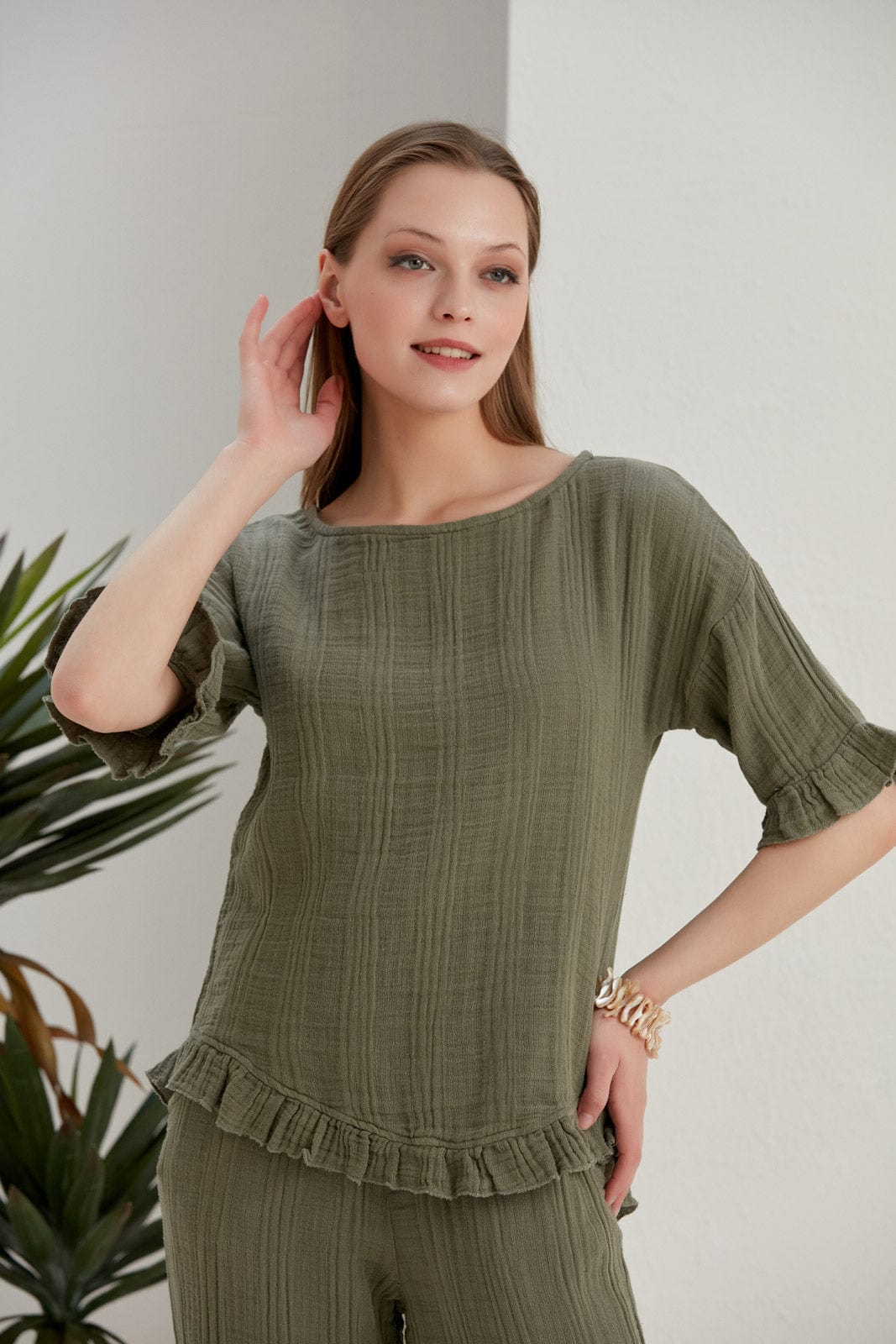 Begonville Dare Cotton Gauze Top - Olive