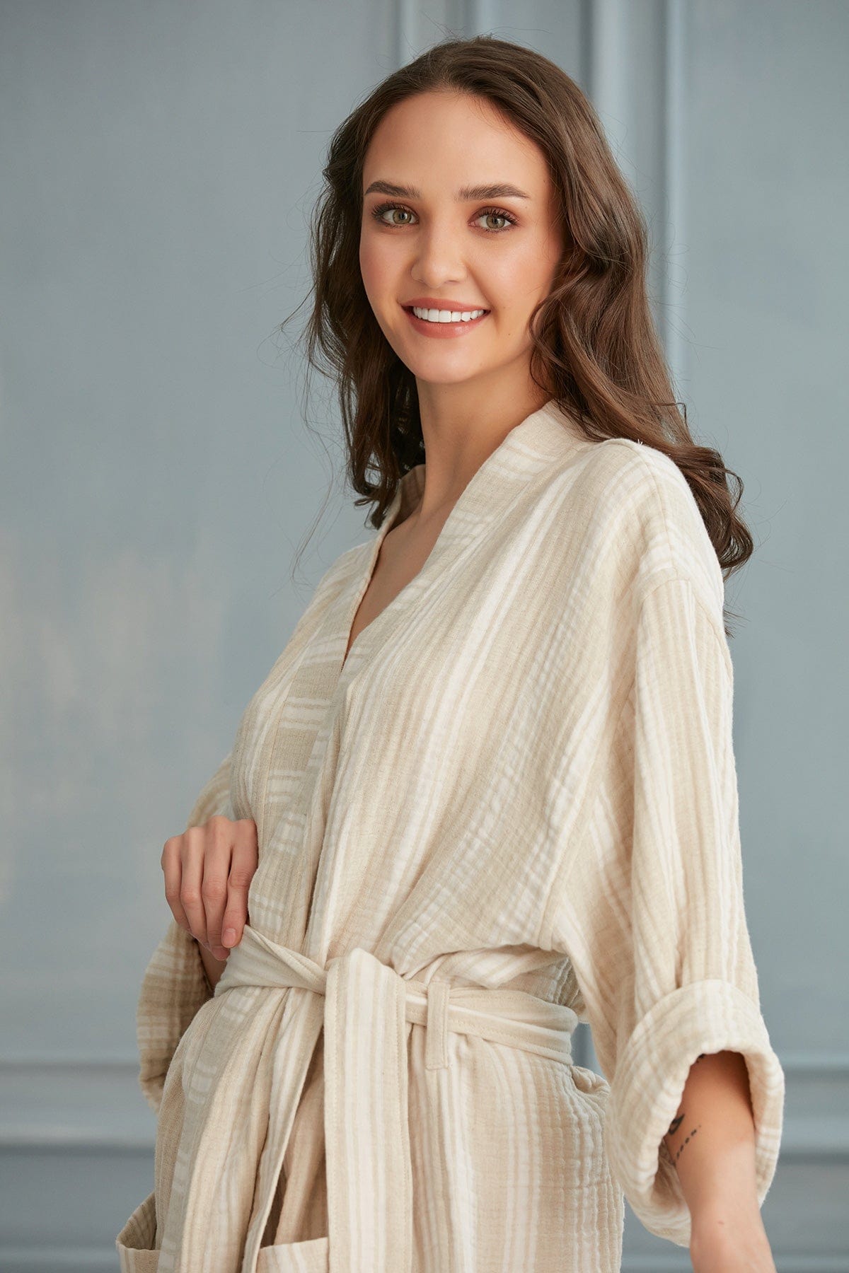 Begonville Zana Linen Cotton Gauze Robe - White Lines