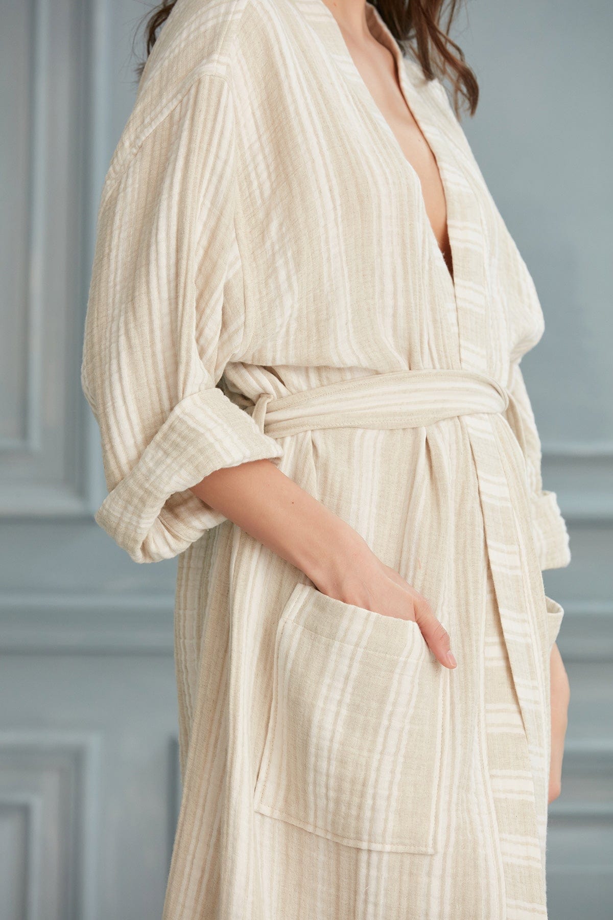 Begonville Zana Linen Cotton Gauze Robe - White Lines