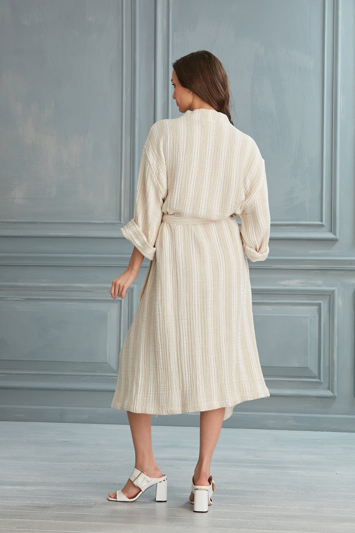 Begonville Zana Linen Cotton Gauze Robe - White Lines