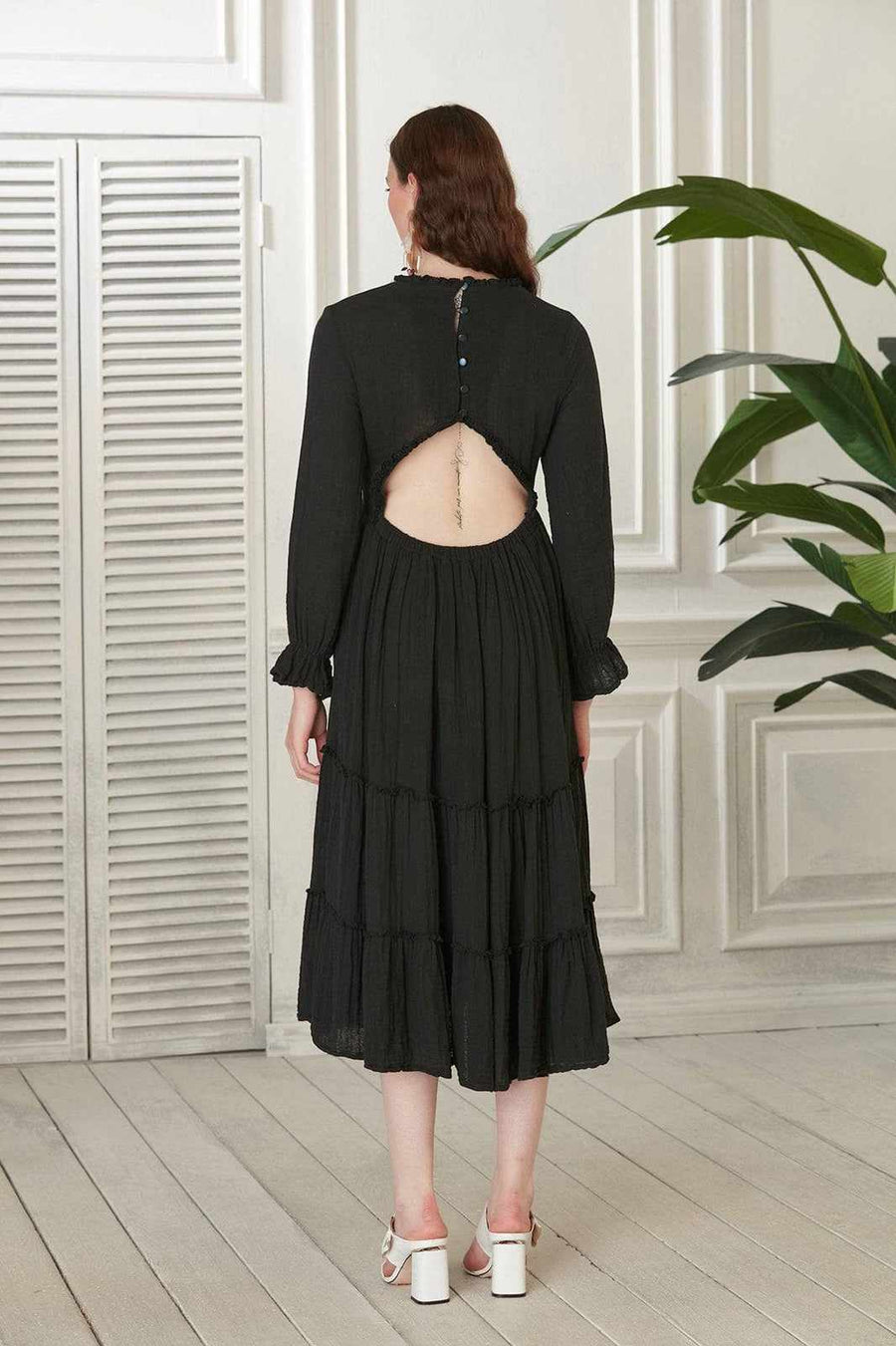 Renna Open Back Cotton Midi Dress - Black