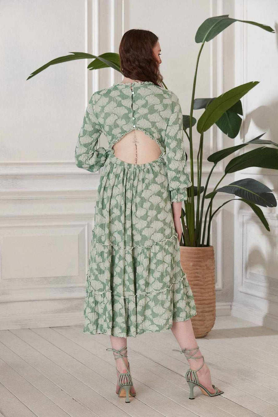 Renna Open Back Cotton Midi Dress - Green