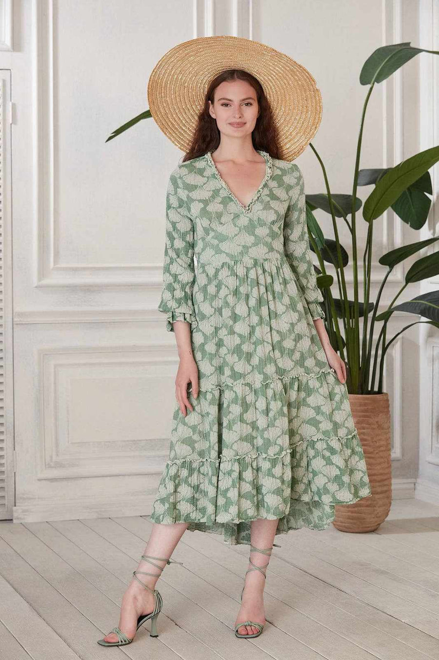 Renna Open Back Cotton Midi Dress - Green