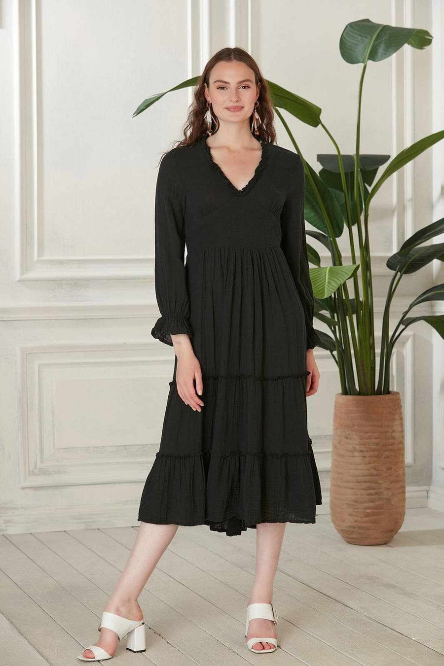 Renna Open Back Cotton Midi Dress - Black