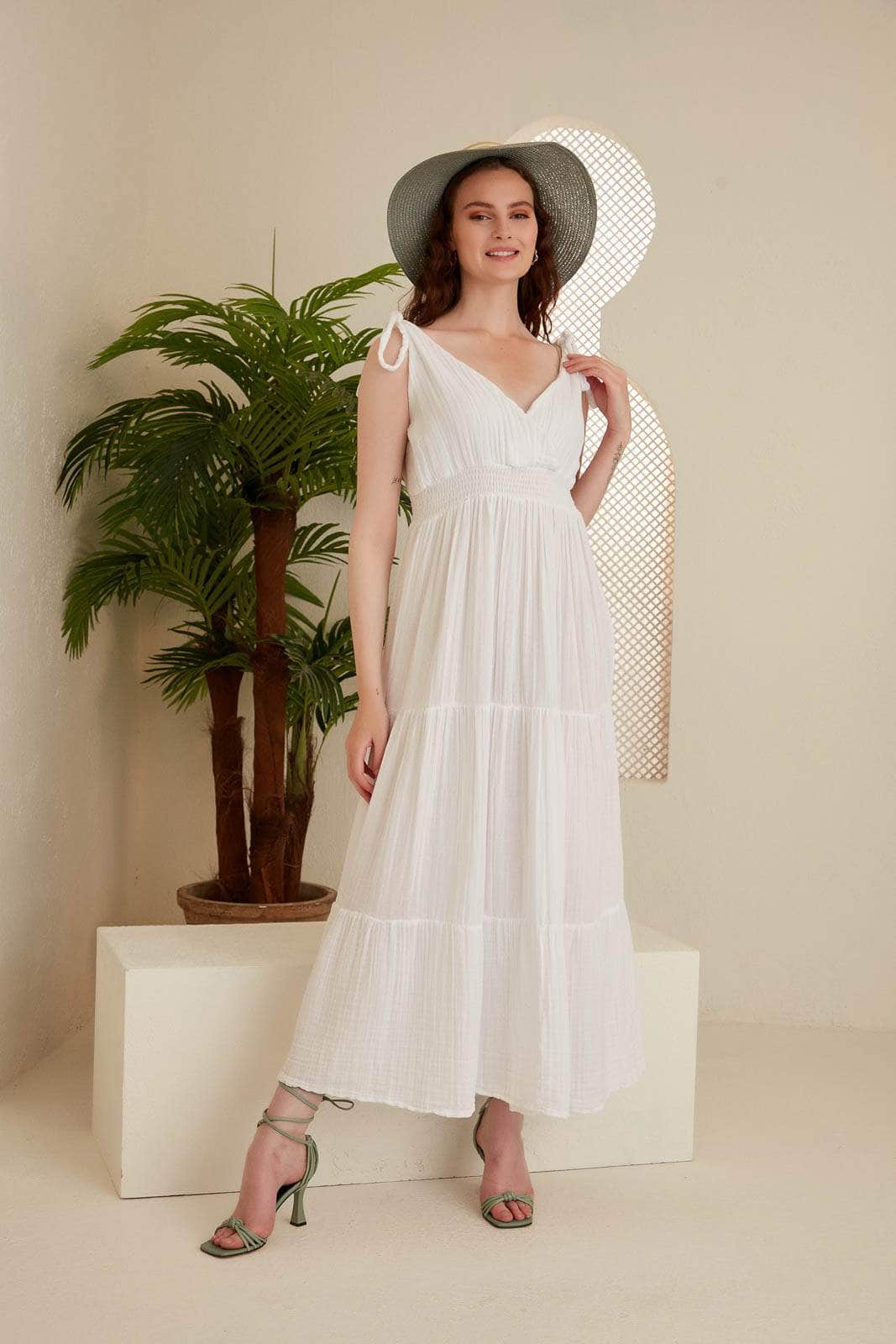 Rea Gauze Tie Strap Maxi Dress - White Rea Gauze Tie Strap Maxi Dress - White