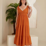 Rea Gauze Tie Strap Maxi Dress - Orange