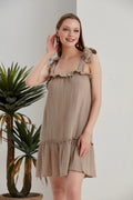 Sue Shoulder Tied Tiered Mini Dress - Beige