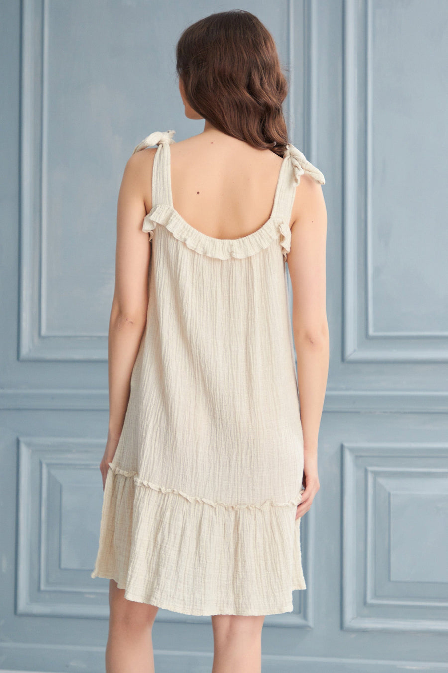 Begonville Sue Shoulder Tied Tiered Mini Dress - Linen