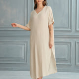 Begonville Maxi Dress Renee V-Neck Linen Maxi Dress - Ecru