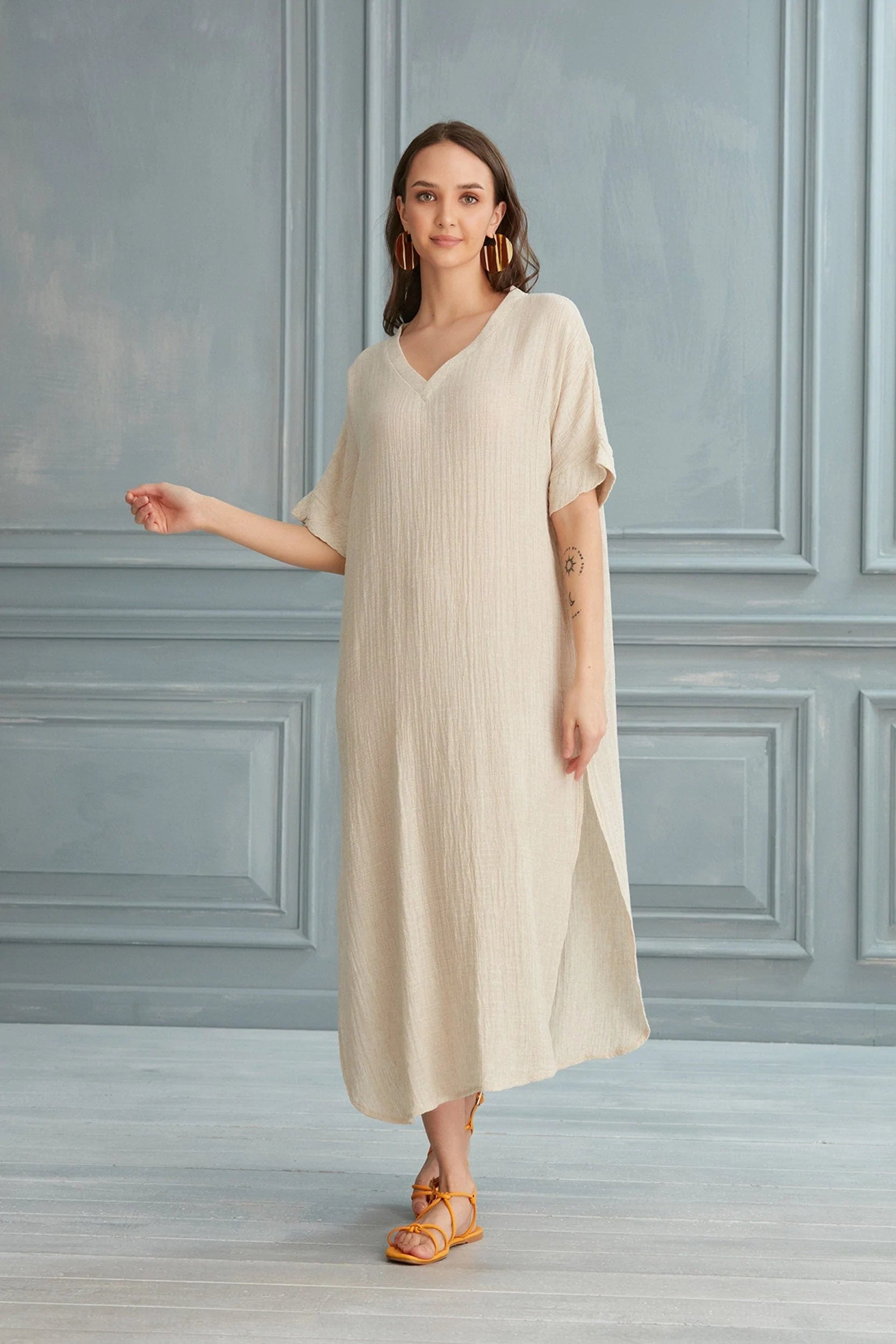 Begonville Maxi Dress Renee V-Neck Linen Maxi Dress - Ecru