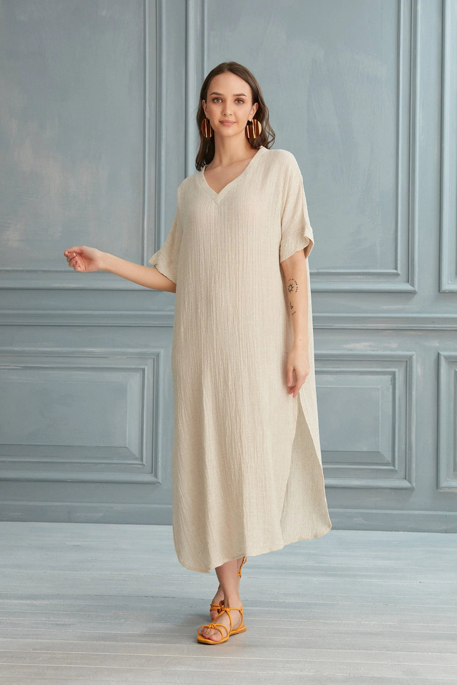 Begonville Maxi Dress Renee V-Neck Linen Maxi Dress - Ecru