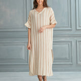 Begonville Maxi Dress Renee V-Neck Linen Maxi Dress - Brown / Black Lines