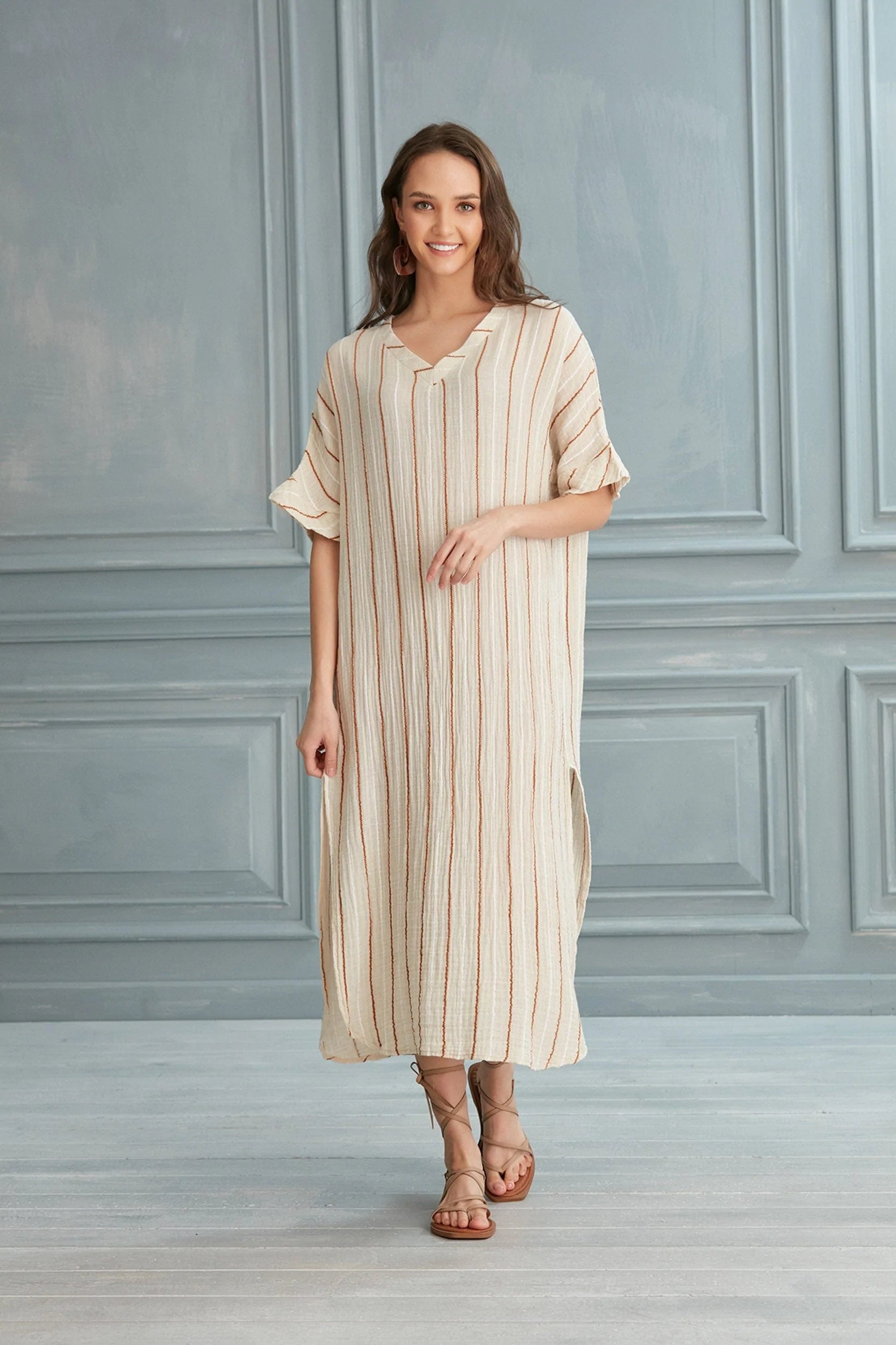 Begonville Maxi Dress Renee V-Neck Linen Maxi Dress - Brown / Black Lines