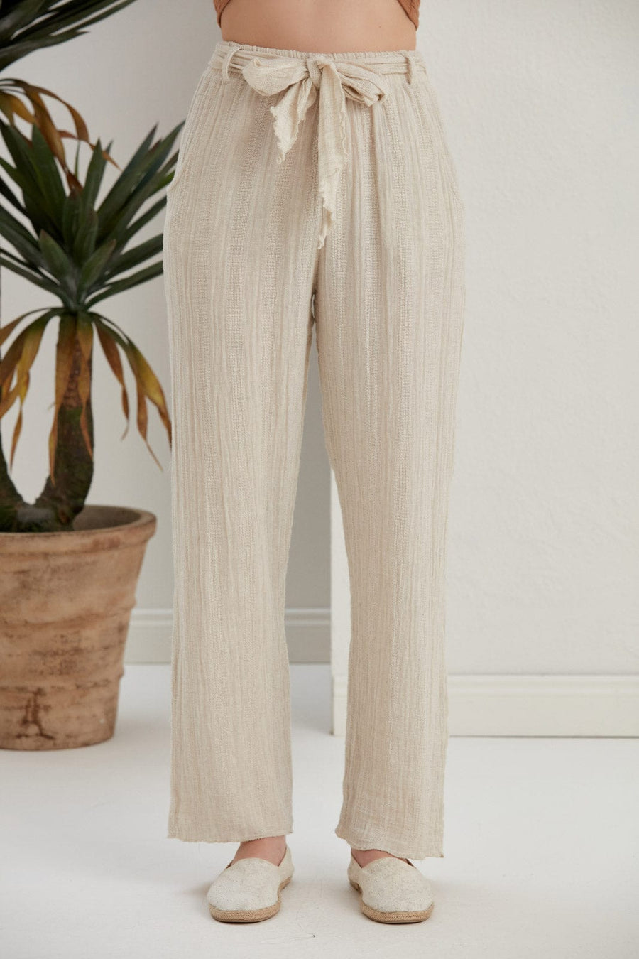 Begonville Fia Belted Gauze Cotton Loose Pants - Linen