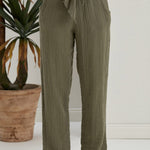 Begonville Fia Belted Gauze Cotton Loose Pants - Olive