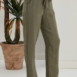 Begonville Fia Belted Gauze Cotton Loose Pants - Olive