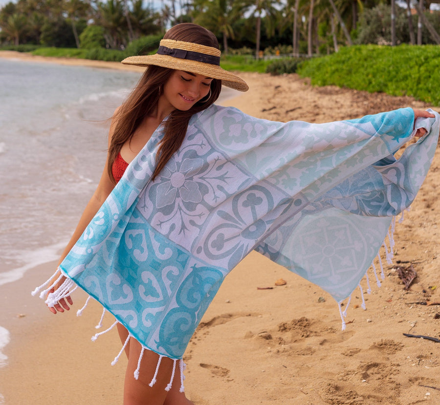 Mosaic Cotton Beach Towel - Azure